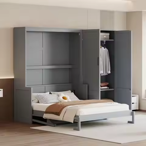 Gray Queen-Size Wall-Mounted Murphy Bed with Integrated Closet and Wardrobe Storage