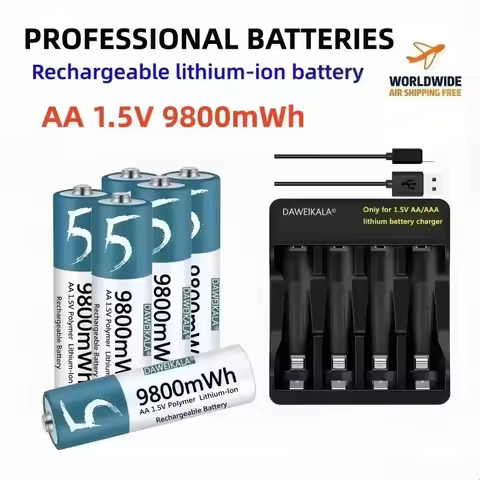 AA Lithium Ion Rechargeable Battery 9800mWh 1.5V Constant Voltage - 4 Pack Batteries for Flashlights