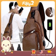 Ready Stock FIFTY2 FSB2359 Casual Men Chest Bag PU Leather Crossbody Shoulder Bags Travel Waist Beg 