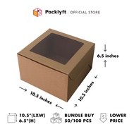 Packlyft 50/100pcs Brown Kraft Cake Box with Top Window 10.5"x10.5"x6.5"