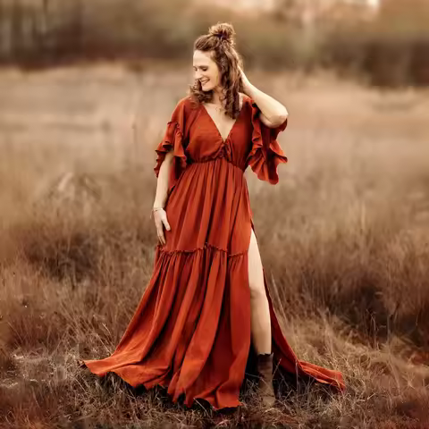 Rust Boho Style Maternity Photo Shoot Long Dresses Pregnancy Photography Props Long Dress