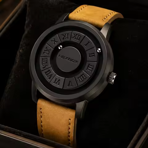 FOXBOX Magnetic Ball Watch Men Luxury Creative Wristwatch Roman Numeral Dial Quartz Watch Leather St