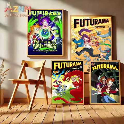 AZNM Futurama Fry Leela Bender Classic Cartoon Comic Poster Frameless Canvas Wall Art for Bedroom Li