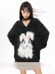 สไตล์อเมริกัน หนาขึ้น ยาว คอวี ขนกระต่าย เสื้อสเวตเตอร์ถัก ผู้หญิง ฤดูหนาว สไตล์ขี้เกียจความยาวปานกล