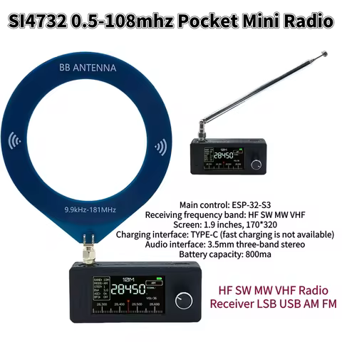 SI4732 0.5-108mhz Portable Radio LSB USB AM FM Pocket Mini Radio 1.9inch IPS Screen All Band Radio R