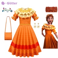 Movie Encanto Women Pepa Madrigal Costume for Adult Women Orange Aunt Printed Dress Earrings Headban