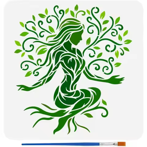 Tree Woman Stencil with 1Pc Plastic Brush 11.8x11.8 Female Life Tree Template for Painting on Wall W