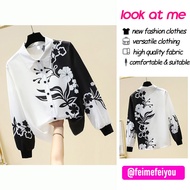 Women OL Blouse Black & White Printing Imitation Silk Long Sleeve Top Blouse Causal Shirt