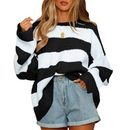 Women Pullover Sweater Wide Striped Color Block Crew Neck Long Sleeve Ribbed Cuffs Oversized Sweater