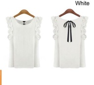 Summer new European and American women#39s lotus leaf sleeve bow tie chiffon shirt round neck solid color shirt women