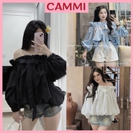 Off-the-shoulder shirt with puffed sleeves and bow tie, basic puffy shape, lady's dumpling shirt HA3