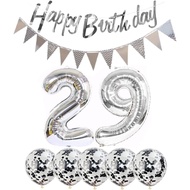 2 Balloons Number 29 + Happy Birthday Garland + Silver Banner foil Balloon 29th Birthday Decoration+