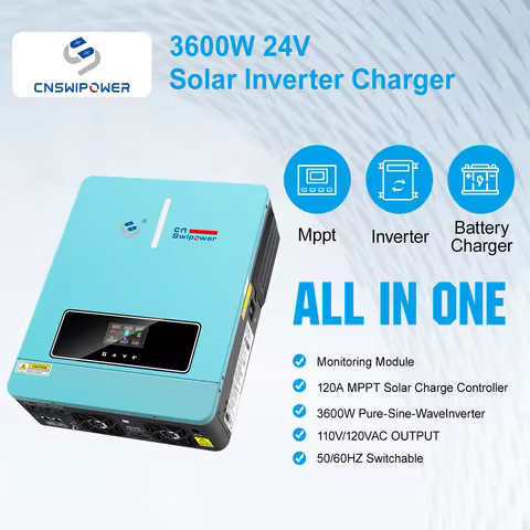 CNswipower 3600W 24VDC 120VAC Solar Inverter Charger 50HZ/60HZ Hybrid Inverter 120A MPPT LCD display