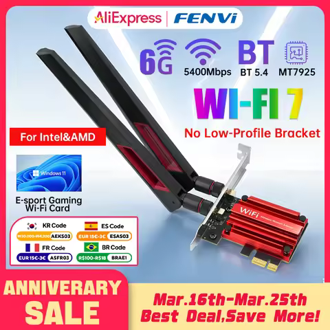 fenvi WiFi 7 PCIe Wireless Adapter Bluetooth 5.4 Tri Band 6G/5G/2.4Ghz 10DBi Antennas MT7925 WiFi7 N