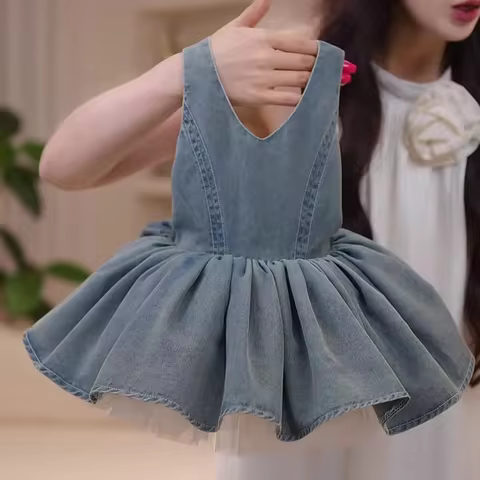 Girls Summer Denim Overall Dress Kids Fashion Princess Tutu Dress Sleeveless Backless pinafore 12M-6