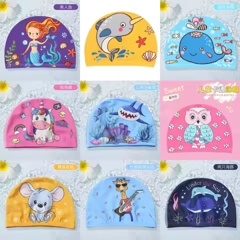 Cute Cartoon Children Waterproof Ear Protection Animal Elephant Pony Printed Kids Swimming Caps Comf