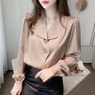 Satin shirt satin blouse women blouse Korean style women blause wanita polo collar shirt blouse women long sleeve blouse baju muslimah labuh baju blouse wanita