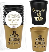 Cheers to 40 Years and 1 "40 Never Looked So Good" Birthday Party Cups, Set of 12, 16oz Black and Go
