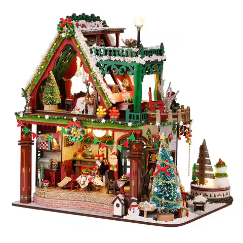 DIY Wooden Snowy Christmas Lodge Cottage Book Nook Figurines Miniatures Kits for Friends Birthday Gi