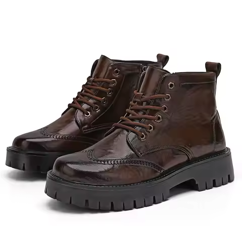Fashion Vintage Men Boots High Quality Dress Leather Thick Sole Ankle Boots Lace-up Brogue Shoes Aut