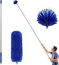 Ceiling Fan Duster with Extension Pole, Cobweb &amp; Corner Brush Cleaning Kit w 2 Duster Heads for Cleaning,15-100 Inch Long Handle Aluminum Telescoping Pole, Washable（Blue）