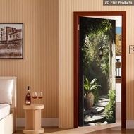 1 Pair PathwayDoor Decal - Tropical Garden Door Stickers with Pathway, Self-Adhesive PVC Door Wallpa