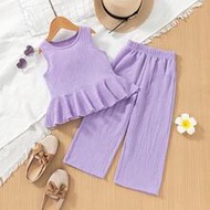 2pcs Young Girl Beach Vacation Set: Sleeveless Ruffle Hem Blouse + Wide Leg Pants, Sisters Matching 
