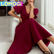 LOMOGI Elegant Plain V-neck Short Sleeves A-Line Midi Dress for Women LNE09088 (Red) Lovito Gaun Midi A-Line Lengan Pendek Leher V Polos Elegan untuk Wanita