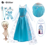 Frozen Elsa Baby Dress For Kids Girl Mesh Sequined Snow Queen Princess Dresses with Cloak Wig Crown Nail Stickers Accessories Kid Clothes Children Birthday Gift