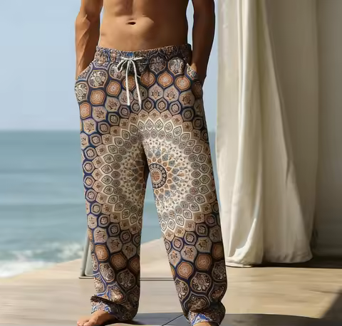 Men's Summer Thin Casual Trousers, Bohemian Ethnic Style, Mandala Print, Drawstring Casual Trousers