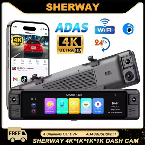 4K Dash Cam 4 Channel 360° Rearview Mirror Dashcam Front Left Right Rear ADAS Dash Camera for Cars T