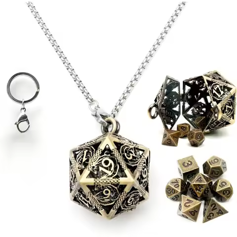 1Set Mini Metal DND Dice Set with Antique Iron Hollow D20 Necklace Dice Case Antique Tiny Metal Dice