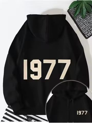 1977 letter print hoodie with kangaroo pocketcomfortable and loose drawstringstylishpullovermen's fa