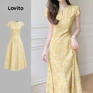 (Elegant) Lovito Dress Pleated Spring/summer Yellow Dress for Women L142ED048 (New) Lovito Gaun Berl