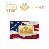 TURBO [1OZ] PAMP America the Free; Liberty Bell Gold Bar 9999Gold