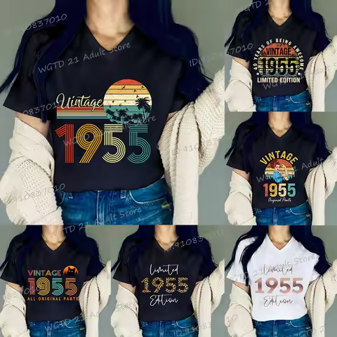 Birthday Year 1955 Print T Shirt 70th Birthday Gift V Neck T-shirt Women Casual Vintage 1955 Streetw