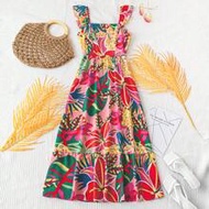 WYWH ผู้หญิงวันหยุดพิมพ์ลายดอกไม้คอสี่เหลี่ยมแขนสั้นกระพือชุด Ruffle Hem, ชุดฤดูร้อน