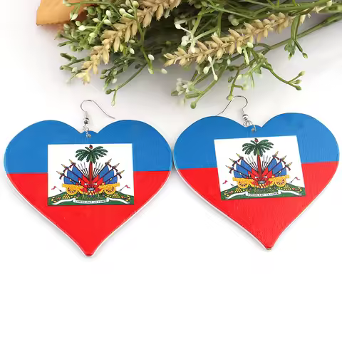 Printing 6cm Haiti Flag Heart Wooden earrings