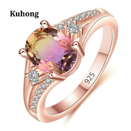 Kuhongเติมสีทองกุหลาบกับหินธรรมชาติเจ้าสาวในการหมั้นแต่งงานแหวน