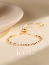 Ficcino 黃金鍍層&amp;鋯石鑲嵌網球手鐲,配有可調節拉繩,是女性多功能日常佩戴配飾