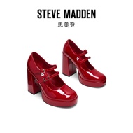 Steve Madden Cabernet Mary Janes ส้นสูง ส้นหนา สีแดง รองเท้าส้นเดี่ยวแฟชั่นสำหรับผู้หญิง รองเท้าส้นแ