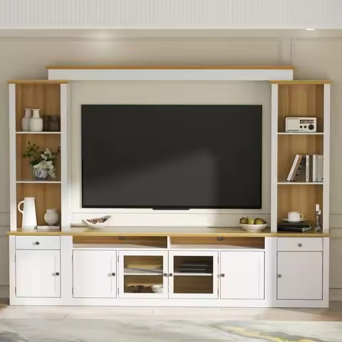 Large Farmhouse TV Stand with Cabinets for TVs Up to 78" Wall Unit Entertainment Center with Open Bo