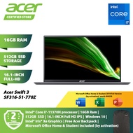 Acer Swift 3 SF316-51-770Z Steel Grey Laptop NX.ABDSM.003 16.1IN IPS FHD Intel I7-11370H 16GB Ram 512GB SSD Intel iris XE Win10 Preload Office Home And Student