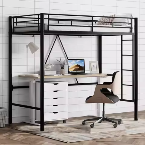 Loft Bed Twin Size, Heavy Duty Metal Loft Bed with Safety Guard & Ladder, Noise Free, No Box Spring 