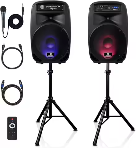 PRORECK Party 15 Portable 15-Inch 2000 Watt 2-Way Powered PA Speaker System Combo Set with Bluetooth