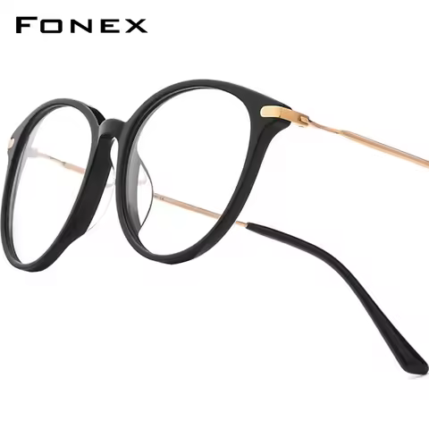FONEX Acetate Titanium Glasses Frame Women Brand Design Vintage Retro Round Eyeglasses Men Spectacle