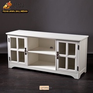 Meja TV Minimalis Klasik Warna Putih Tipe/L Panjang 120 cm Tinggi 70 cm Plus Kaki Lebar 30 cm (Bukan