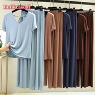 Women 2pcs Set sports suit trousers short-sleeved T-shirt summer wide-leg pants 2pcs suit M-2XL
