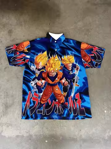 Vintage 2001 Dragon Ball Z Button Up Shirt Vegeta Goku Anime Y2K Oversized Shirt Streetwear Harajuku