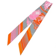 【日本直送．二手美品】愛馬仕 HERMES Twilly 絲巾 Ex Libris 100% 絲綢 灰色/橘色